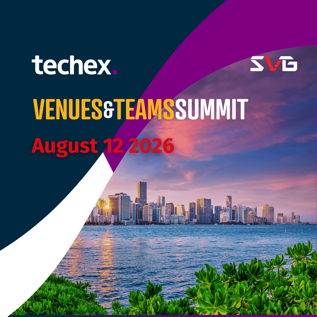 SVG Venues and Teams Summit 2026 event card — Miami skyline