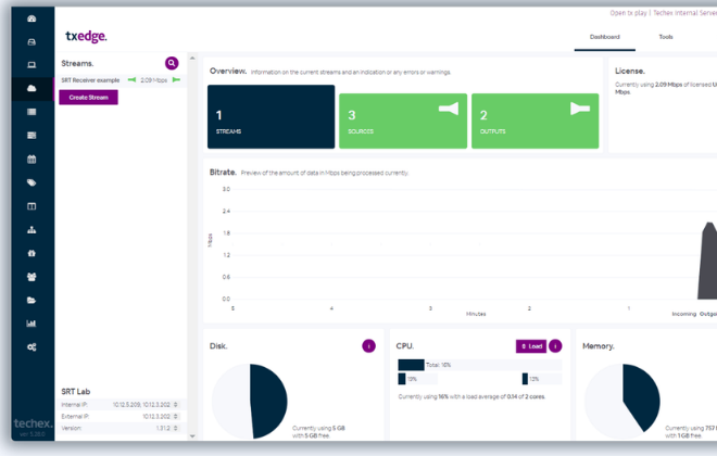 tx edge overview dashboard with streams, sources and outputs
